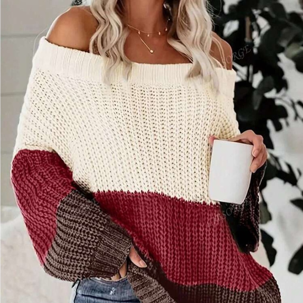 021 Cozy Color Block Off Shoulder Sweater top